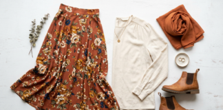 How to Wear Long Skirts Without Looking Frumpy: Style Tips for Every Body Type Modest outfit flat lay featuring a rust floral maxi skirt, long sleeve cream blouse, ankle boots and a terracotta hijab scarf on a white background