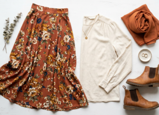 How to Wear Long Skirts Without Looking Frumpy: Style Tips for Every Body Type Modest outfit flat lay featuring a rust floral maxi skirt, long sleeve cream blouse, ankle boots and a terracotta hijab scarf on a white background