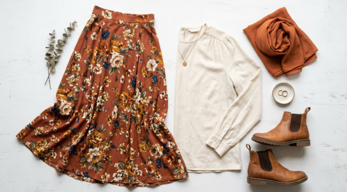 How to Wear Long Skirts Without Looking Frumpy: Style Tips for Every Body Type Modest outfit flat lay featuring a rust floral maxi skirt, long sleeve cream blouse, ankle boots and a terracotta hijab scarf on a white background