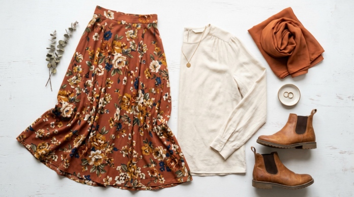 Modest outfit flat lay featuring a rust floral maxi skirt, long sleeve cream blouse, ankle boots and a terracotta hijab scarf on a white background