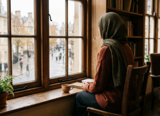 How to Deal With False Accusations: What to Do When You’re Falsely Accused Muslim woman in hijab sitting alone by a window, reflecting on how to deal with false accusations