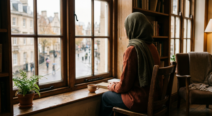 Muslim woman in hijab looking out window - dealing with false accusations Muslim woman in hijab sitting alone by a window, reflecting on how to deal with false accusations