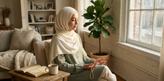 Mental Health in Islam: What the Quran, Sunnah, and Islamic Scholars Really Say Muslim woman in hijab sitting peacefully with Quran and prayer beads — mental health in Islam