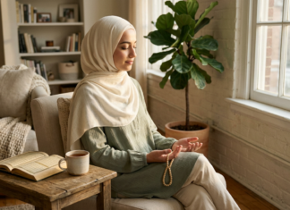 Mental Health in Islam: What the Quran, Sunnah, and Islamic Scholars Really Say Muslim woman in hijab sitting peacefully with Quran and prayer beads — mental health in Islam