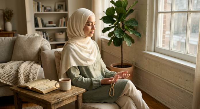 Firefly_A Muslim woman wearing a soft ivory hijab sitting peacefully in a sunlit room, hands 130387 Muslim woman in hijab sitting peacefully with Quran and prayer beads — mental health in Islam