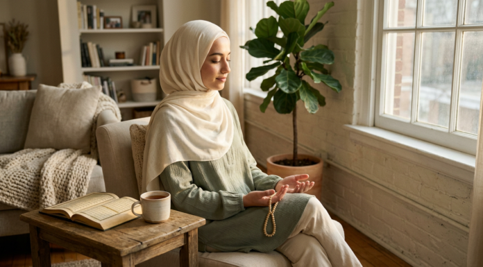 Mental Health in Islam: What the Quran, Sunnah, and Islamic Scholars Really Say Muslim woman in hijab sitting peacefully with Quran and prayer beads — mental health in Islam