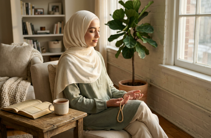 Mental Health in Islam: What the Quran, Sunnah, and Islamic Scholars Really Say Muslim woman in hijab sitting peacefully with Quran and prayer beads — mental health in Islam